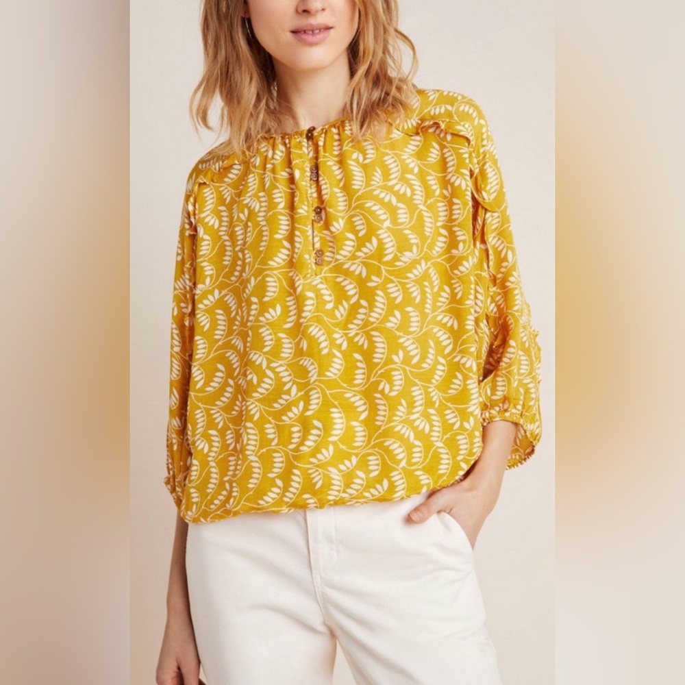 Maeve Anthropologie Letizia Ruffled Noise Mustard Yellow Leaf Print Boho Small‎